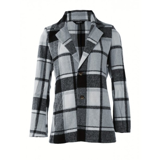 Plaid Button Down Long Sleeve Lapel Coat, Fashion Winter Blazer, Women's Clothing