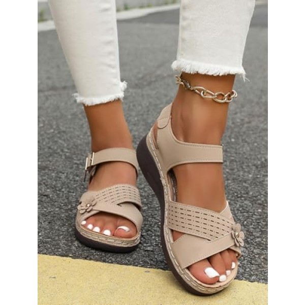 Women's Low Wedge Heels Summer Comfortable Dressy Platform Sandals Buckle Ankle Strap Open Toe Flower Wedge Sandals