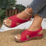 Women's Perforated Leather Sandals | Leaf Cut-Out Design & Adjustable Velcro Strap | Cushioned Wedge Heel Summer Casual Sandals Shoes