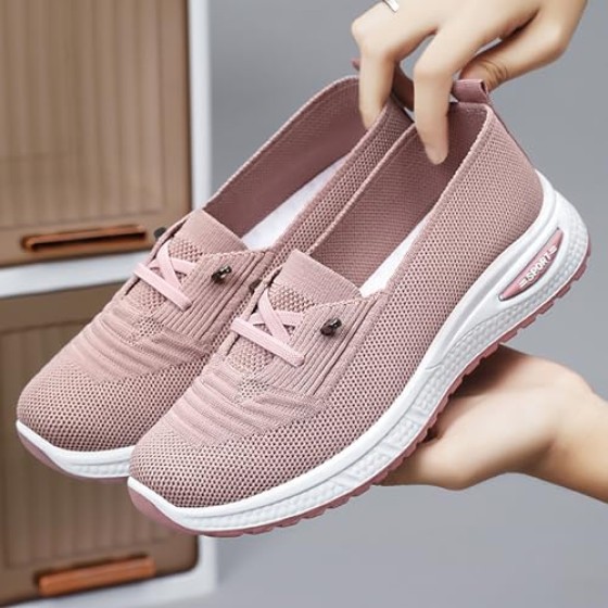Women's Breathable Knitted Mesh Slip-On Loafers Lace Up Lightweight Orthopedic Low Top Soft Sole Sneakers Platform Non-Slip Outdoor Sport Tennis Shoes
