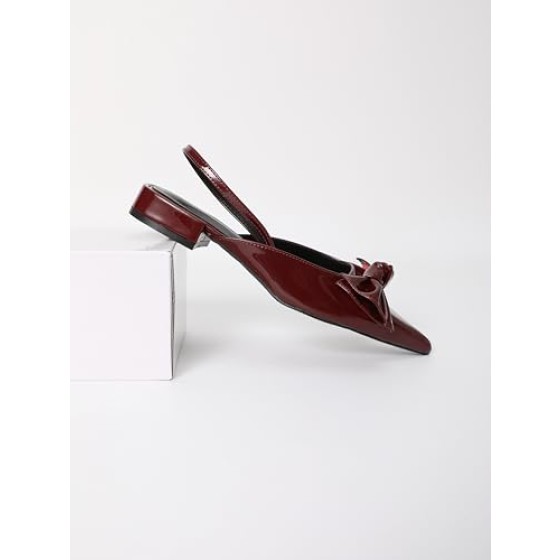 Women's Patent Leather Pointed Toe Slingback Flats with Bow, Burgundy