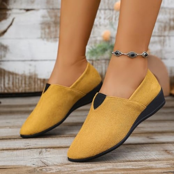 Women's Dress Flats Ballet Low Wedge Round Toe Slip On Comfortable Casual Business Office Work Flats Shoes