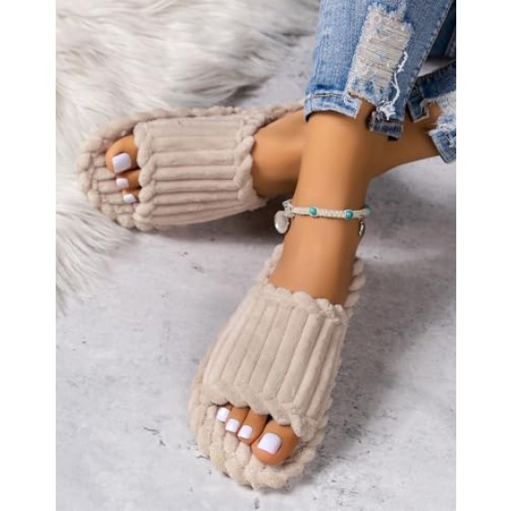 Slippers for Women Corduroy Memory Foam Indoor Slippers Open Toe Slip On Bedroom Comfy House Slide Slipper Shoes