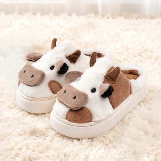 Cow Slippers for Women & Men - with Thickened Sole Plush Soft Non-Slip House Slipper, Winter Warm Fuzzy Platform Shoes with Comfort Memory Foam, Brown